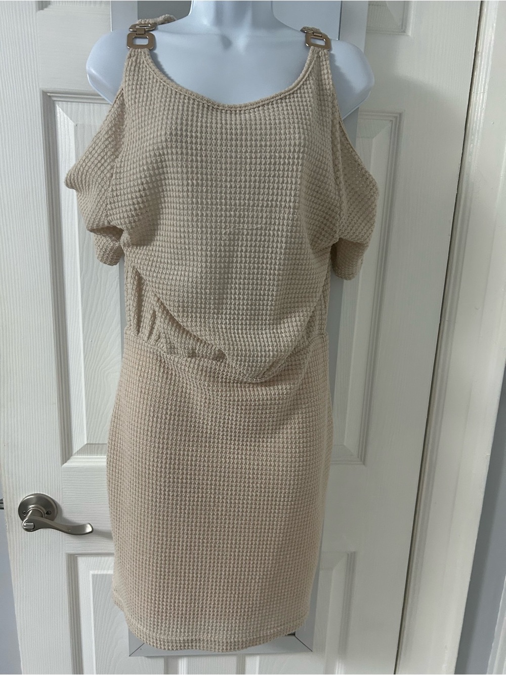 SHEIN Beige Cold-Shoulder Midi Dress with Buckle Straps